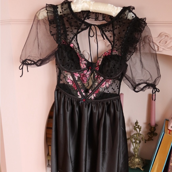 For Love And Lemons Dresses & Skirts - For love & lemonsSheer Mesh & Satin mini dress with Pink Floral Embroidery